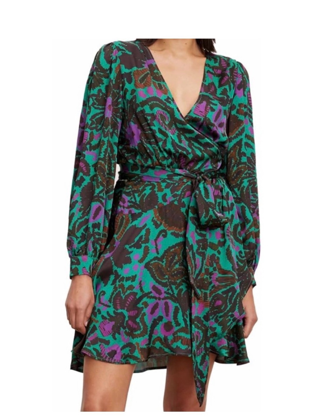 Velvet by Graham & Spencer Green & Purple - Bridget Printed Satin Wrap Dress